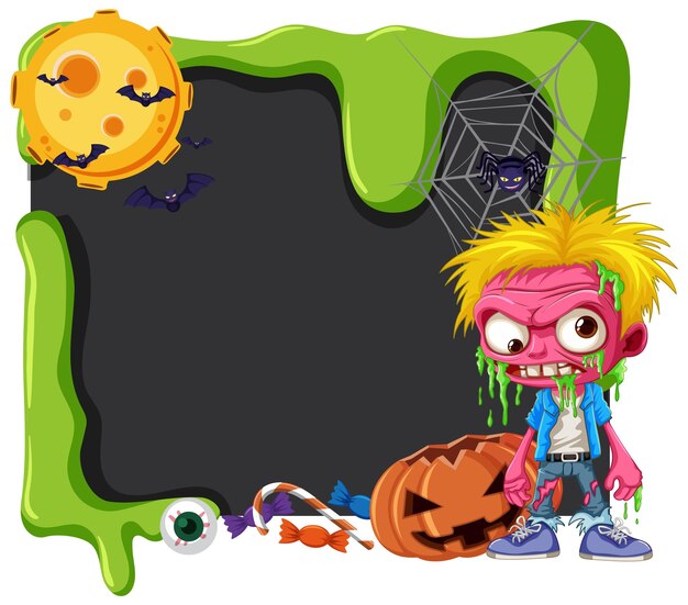 Halloween Blackboard Banner with Zombie and Other Elements