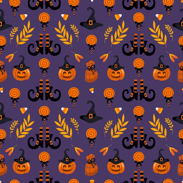 Vector halloween bright seamless vector pattern. pumpkin jack-o-lantern, witch hat, striped stockings, shoes, lollipop, gifts, autumn leaves. for nursery, wallpaper, printing on fabric, wrapping, background.