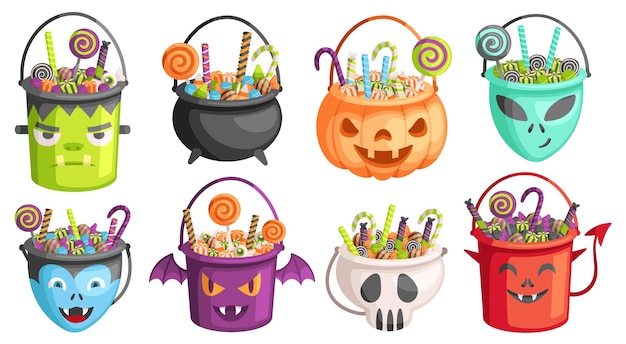 Halloween buckets Trick or treat bags pumpkin bucket with candies and candy hunt pack cartoon vector Illustration set