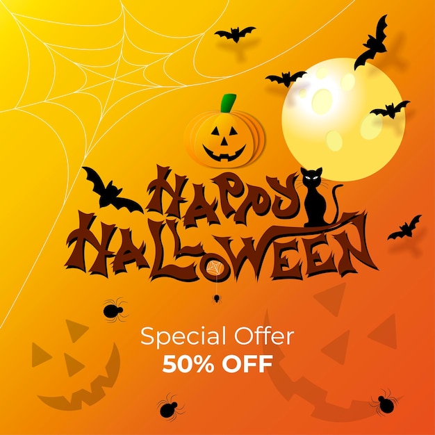 Halloween business card advertisement banner for social networks Spider web bats moon and pumpkins