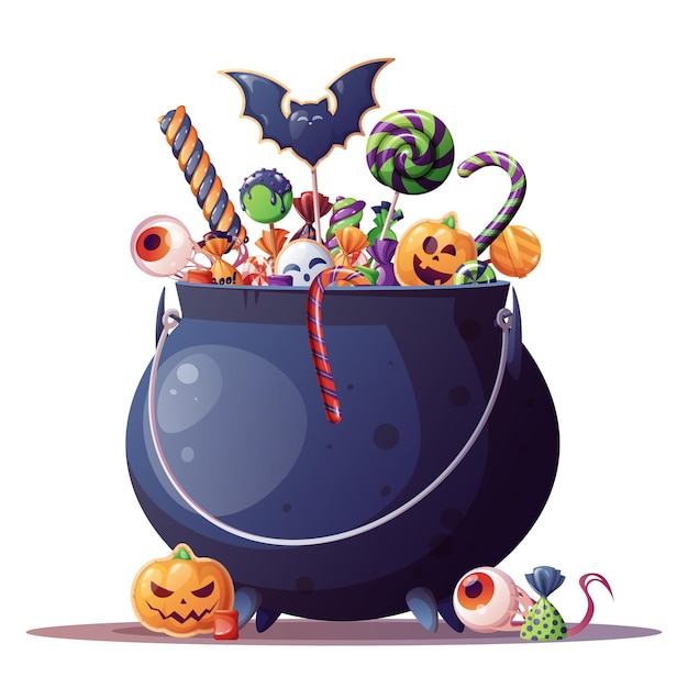 Halloween candies in witches cauldron Halloween October pot with sweets lollipops