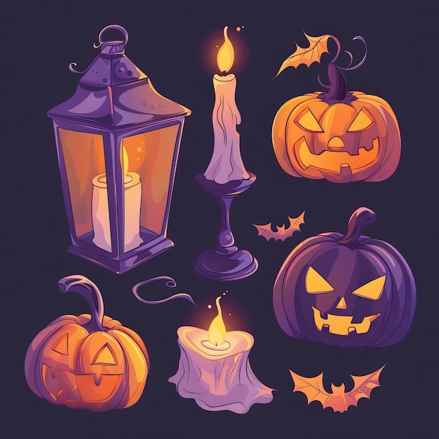 Vector halloween candles lanterns and jackolantern illustrations spooky festive elements halloween element