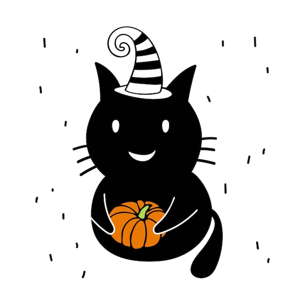 Halloween card. Cute black cat wearing witch hat with pumpkin. Smiling cat for Halloween. Vector