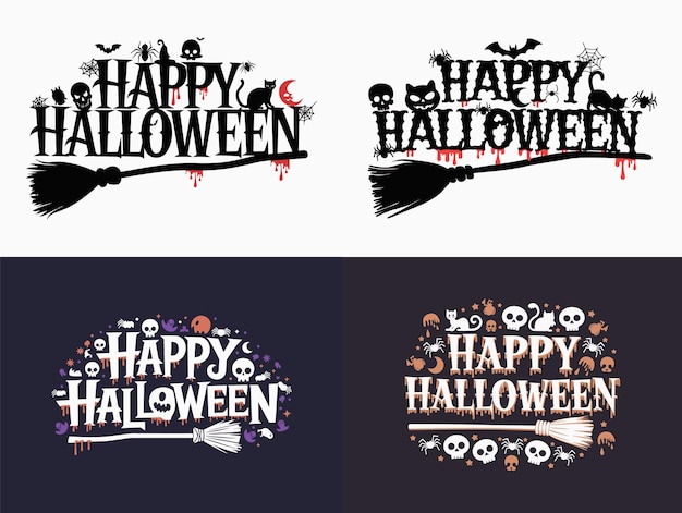 Halloween card design with cute typography funny silhouettes graphic elements like skulls spiders