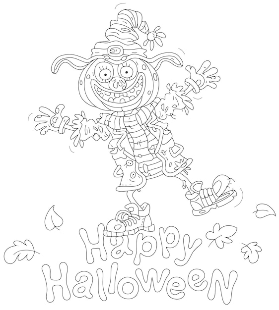 Halloween card of a funny scarecrow with a pumpkin had among flying autumn leaves on a weird night