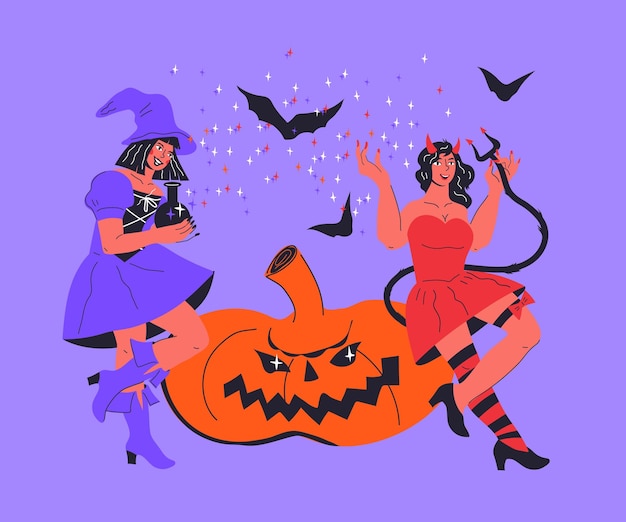 Halloween card or poster with sexy devil and witch girl flat vector illustration