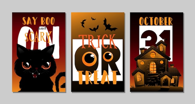 Halloween card vector illustrations with lettering and black cat Sale banner wallpaper flyer