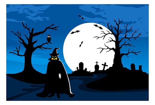 Vector a halloween card with a cat in a graveyard with a full moon in the background