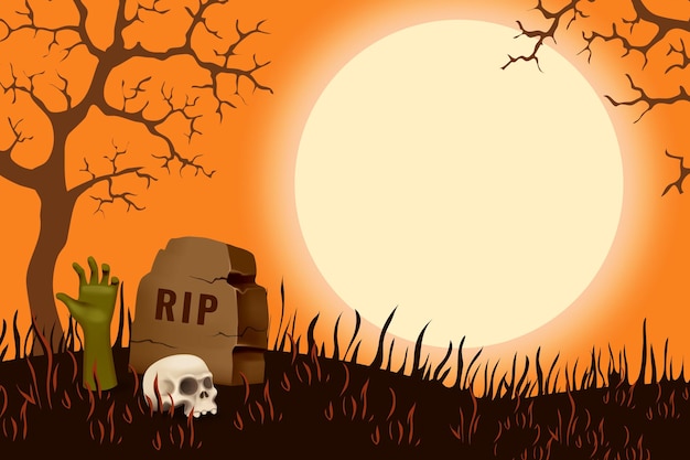 Halloween card with a field for your text poster cover or banner Hand from the ground in a cemetery with a skull and tombstone against the moon Halloween illustration Vector graphics