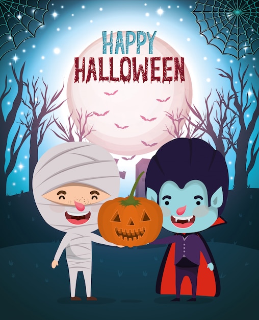 Halloween card with kids costumed in the dark night scene