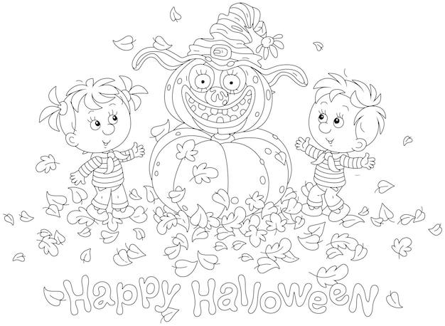 Vector halloween card with little boy and girl jumping near a funny scarecrow with a pumpkin had