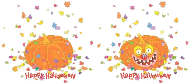 Halloween cards with a funny smiling pumpkin among fallen and flying colorful autumn leaves