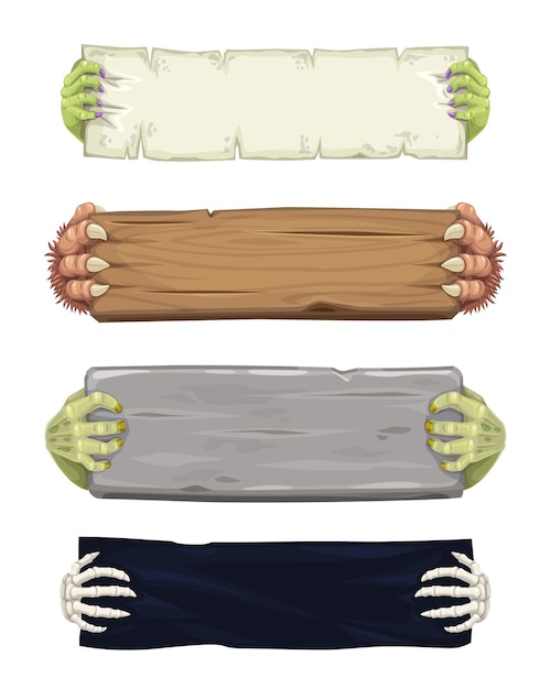 Halloween cartoon banners with monsters hands