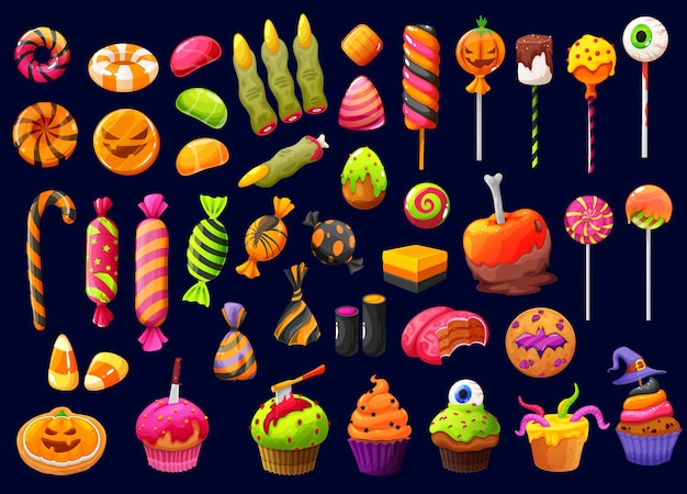 Halloween cartoon candies and lollipops with witch fingers, candy corn and pumpkin cupcakes, vector. Halloween trick or treat sweets, chocolate skulls and liquorice bones, spooky cakes and cookies