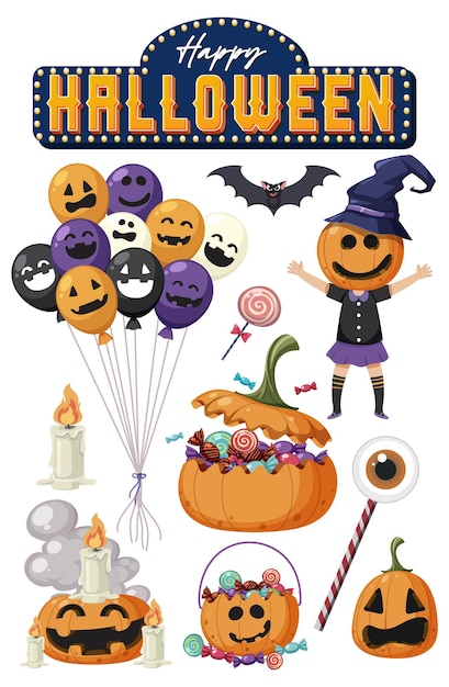 Halloween cartoon character and elements set