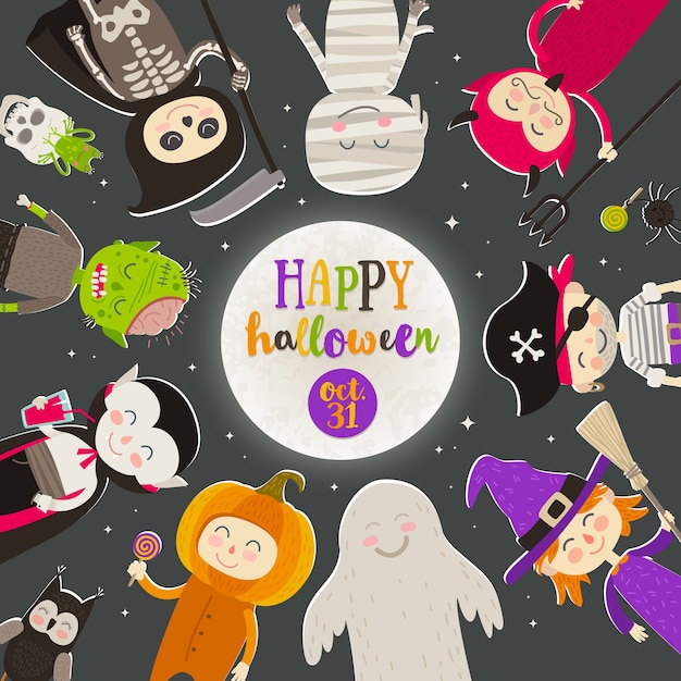 Halloween cartoon characters against a starry night sky. Children in halloween costume stand in a circle against a big moon with greeting. illustration.