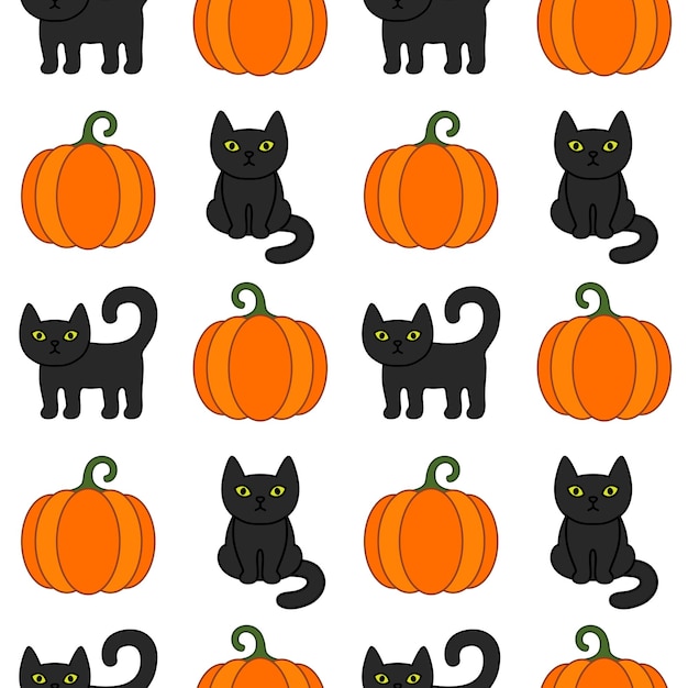 Halloween cartoon seamless pattern black cat orange pumpkin