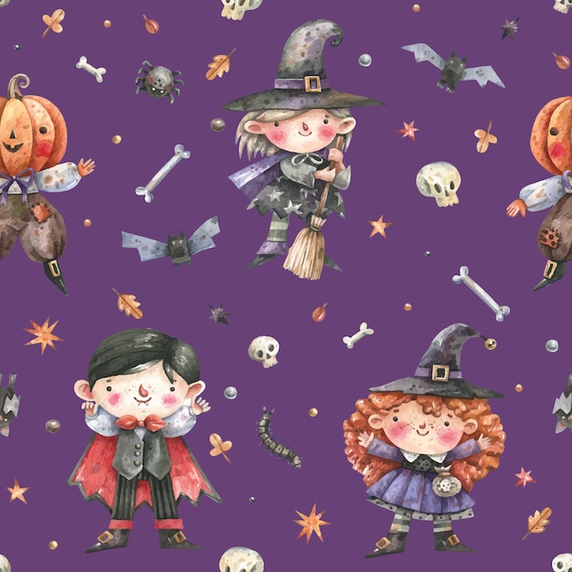 Halloween cartoon seamless pattern with skulls, bones, bats, witches, vampire and pumpkin head.