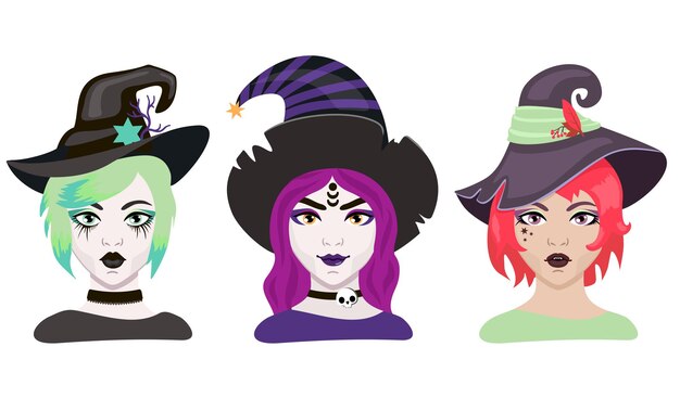 Vector halloween cartoon witches set witch wearing typical witch hat face painting witch makeup pretty