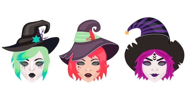 Vector halloween cartoon witches vector set witch wearing typical witch hat face painting witch makeup pretty sorceress illustration set october holiday celebration vector halloween costume elements