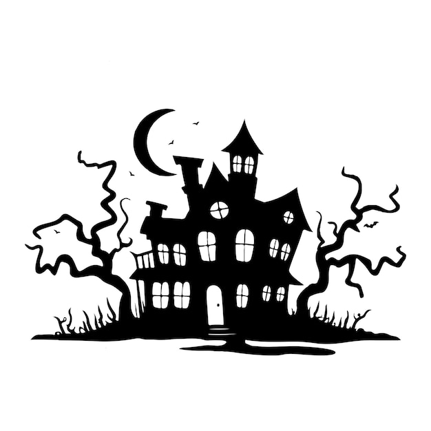 Vector halloween castle silhouette with twisted trees haunted house design