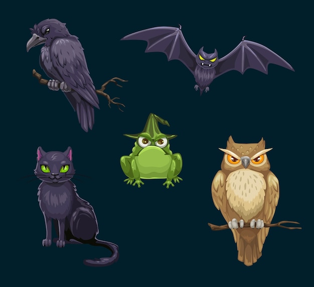 Halloween cat bat and owl crow and frog animals