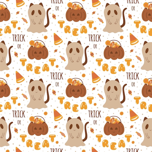 Halloween cat dressed in a ghost costume Trick or treat halloween seamless pattern Halloween party Cute childish illustration texture fabric wrapping paper textile wallpaper Vector background