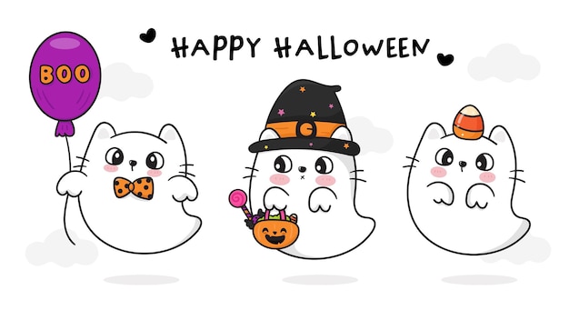 Halloween cat Ghost collection with candy corn and bag