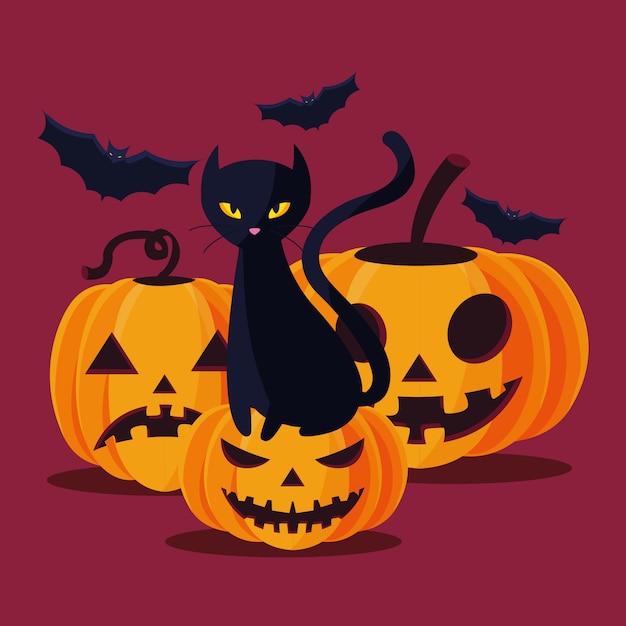 Halloween cat and pumpkins cartoons 