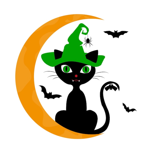 Halloween The cat in the witch's hat sits on the moon The bats On a white background