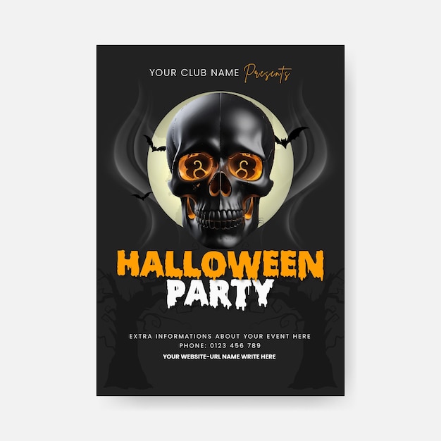 Halloween celebration party vertical print flyer or poster template with 3d skull illustration