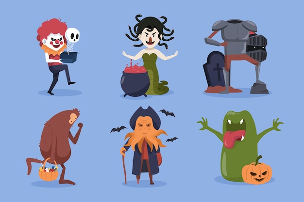 Halloween character collection. Clown, medusa, bigfoot and monsters