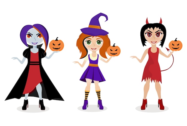 Halloween character set. Witch, vampire and devil girls.