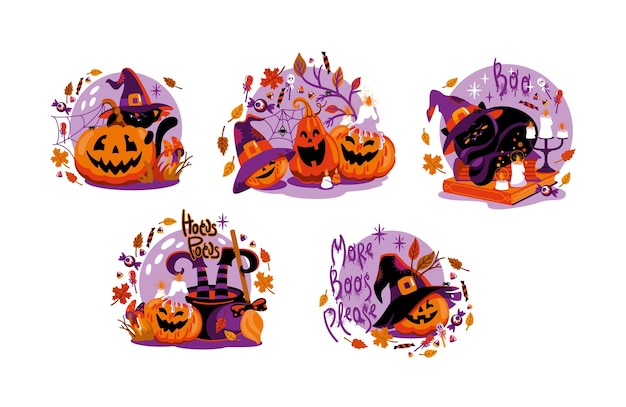 Halloween characters pumpkins and a black cat in a witch hat Cute Halloween illustration Vector