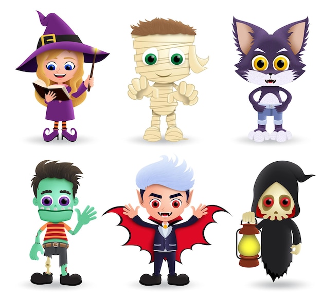 Halloween characters vector set Halloween character in cute and scary costume of witch