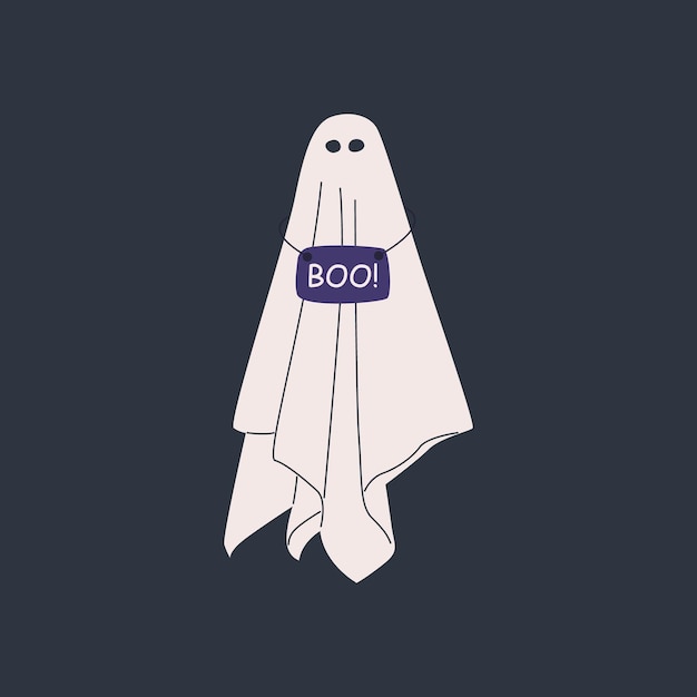 Halloween cloth ghosts. Scary ghostly monsters, spirits. Floating phantoms with nameplate Boo!