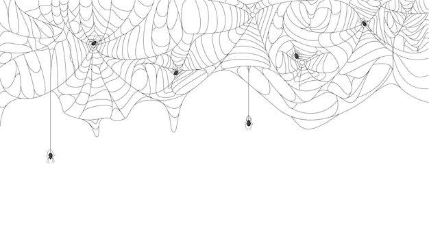 Halloween cobweb background Spooky torn hanging spider web with black spiders vector background