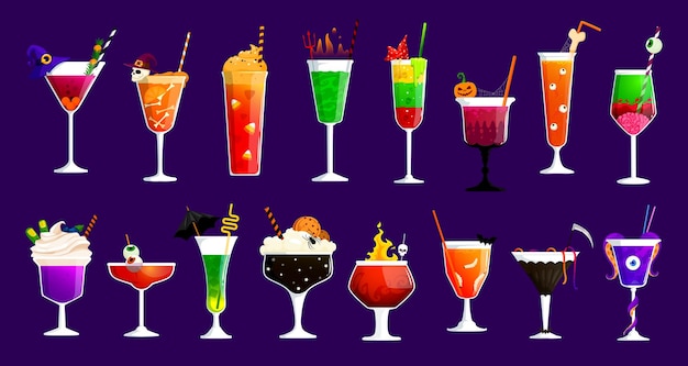 Halloween cocktail drinks for holiday party bar menu with witch potion soda vector glasses Halloween holiday festival cocktail drinks and beverages with spooky skull eye and bone decorations