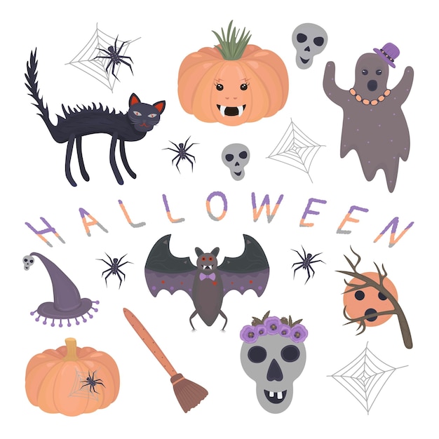 Halloween colorful illustration set in grey orange and purple shades