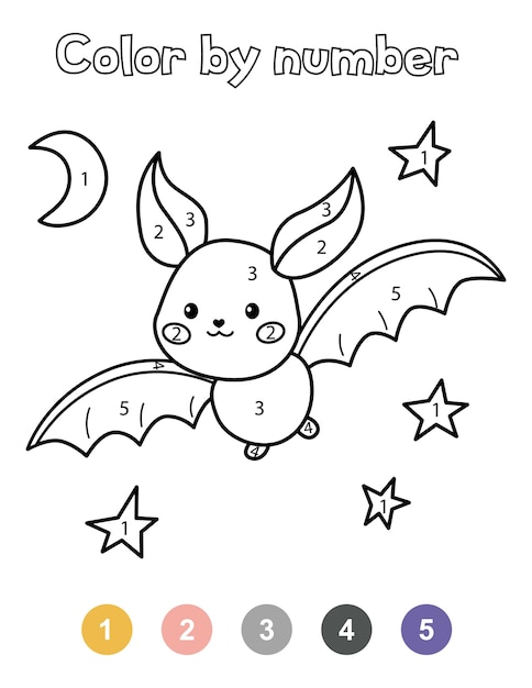 Halloween coloring book. Cute cartoon bat and night sky. Color by numbers.