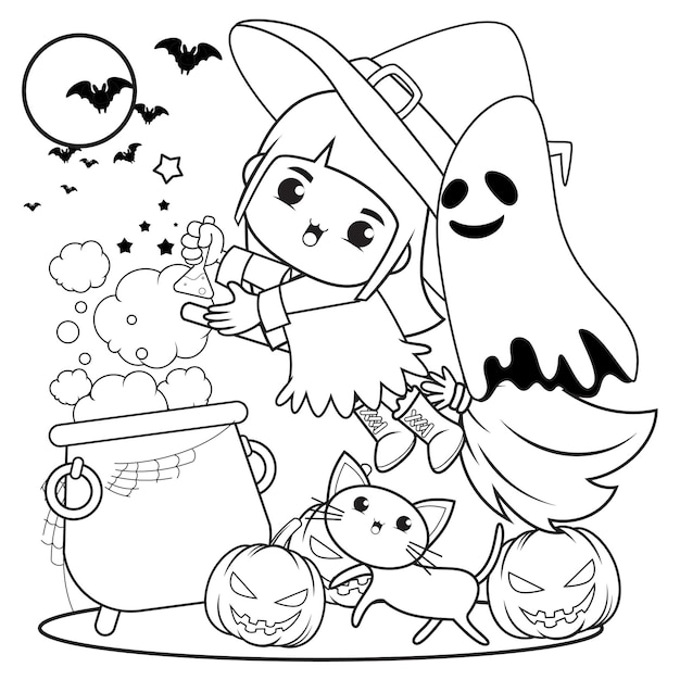 Halloween coloring book cute little girl witch10