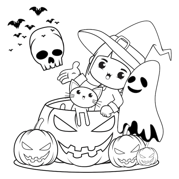 Halloween coloring book cute little girl witch14