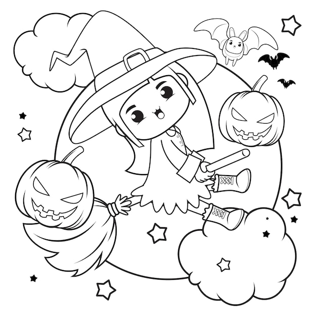 Halloween coloring book cute little girl witch1