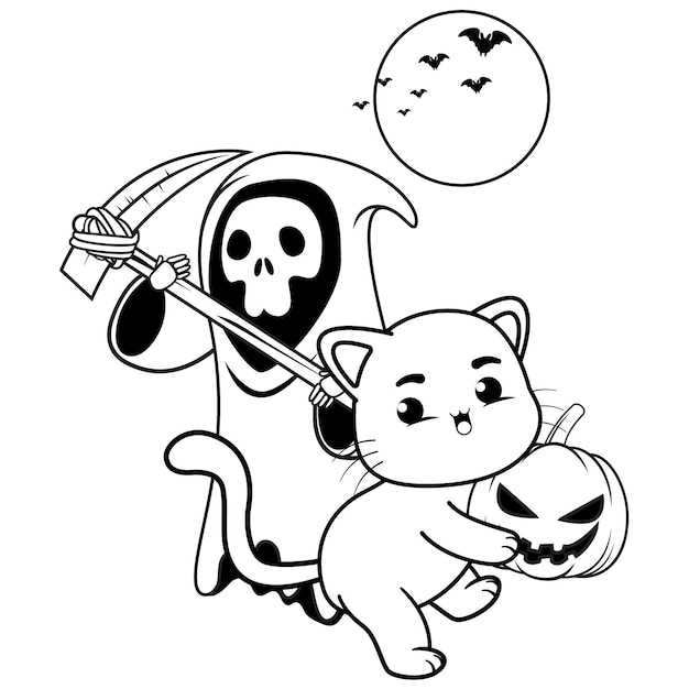 Vector halloween coloring page with cat for kids