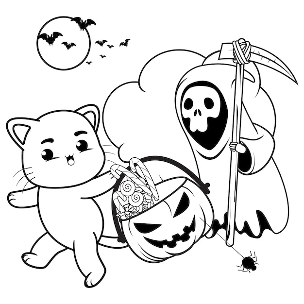 Vector halloween coloring page with cat for kids