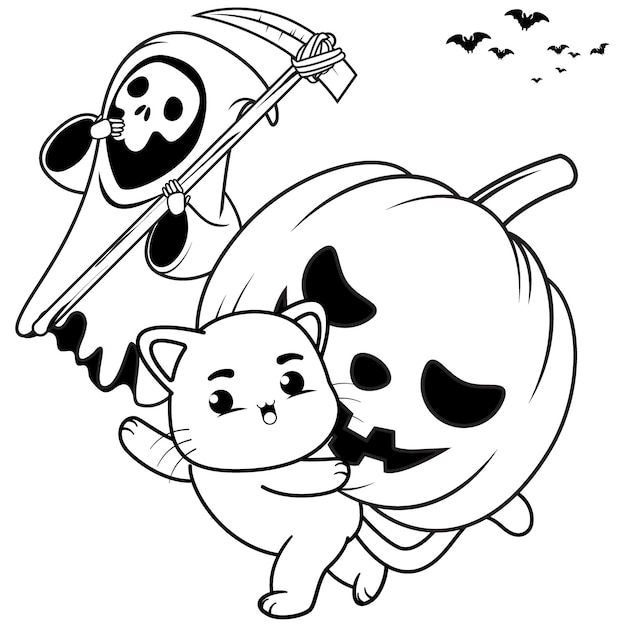 Vector halloween coloring page with cat for kids