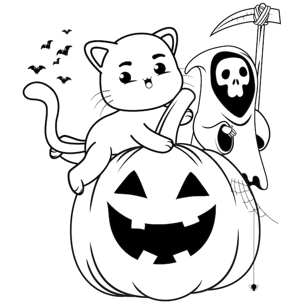 Halloween coloring page with cat for kids