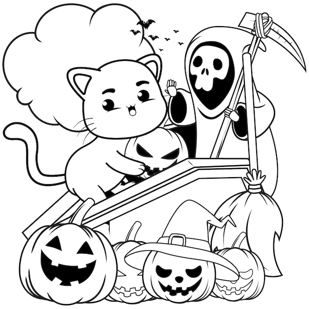 Vector halloween coloring page with cat for kids