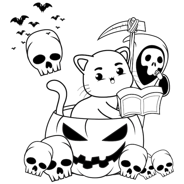 Halloween coloring page with cat for kids