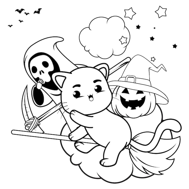 Halloween coloring page with cat for kids